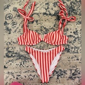 Red, White and Pink Striped Tie-Shoulder Bikini
